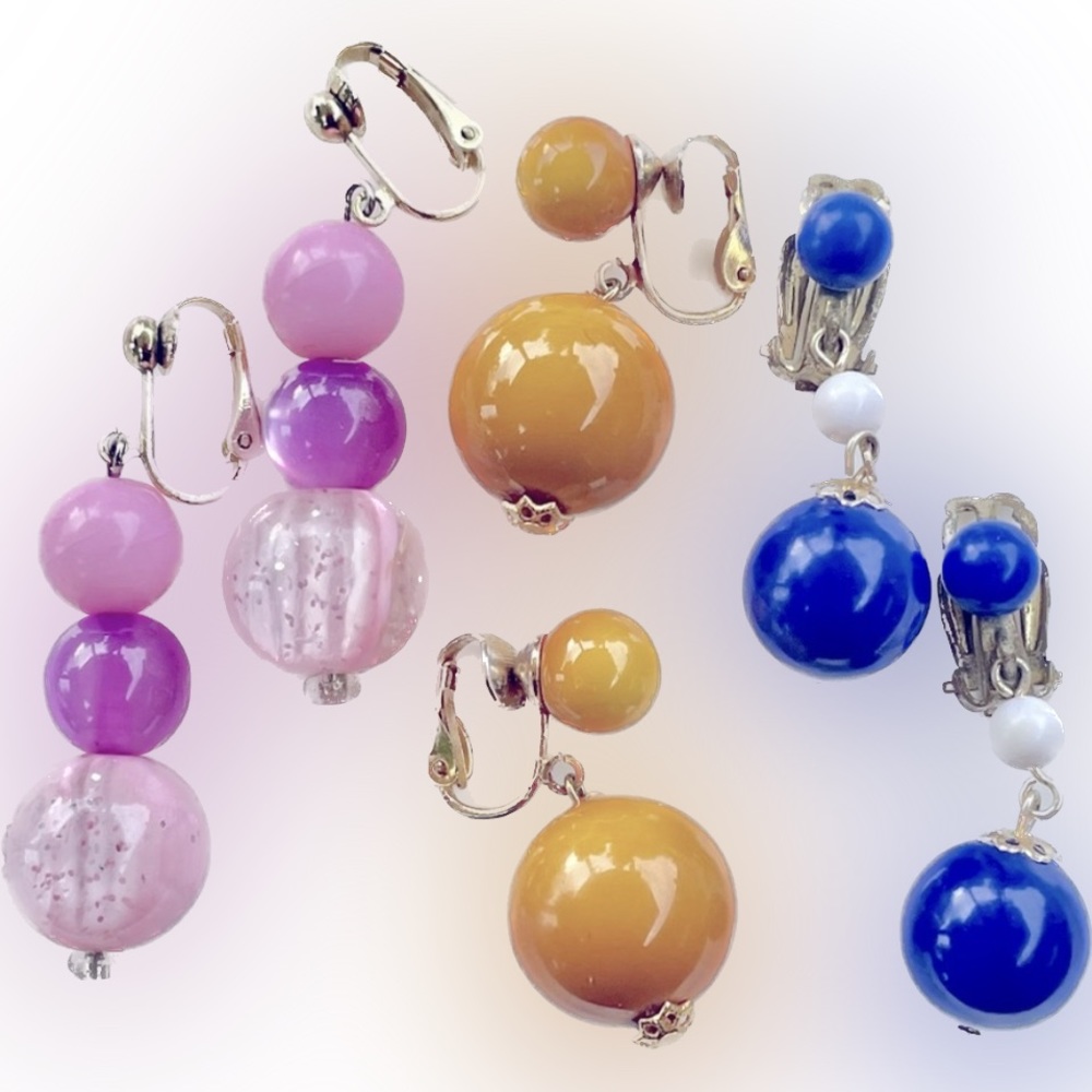 Vintage 3 Pair Drop Dangle Beaded Acrylic Clip Earrings